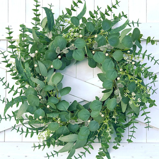 MAINGKAUNG Spring Wreath 22 Inch Spring Summer Wreaths with Eucalyptus Leaves and Berries Seasons Green Eucalyptus Wreath for Farmhouse Porch Front Door Wall Decor and Year Round Use