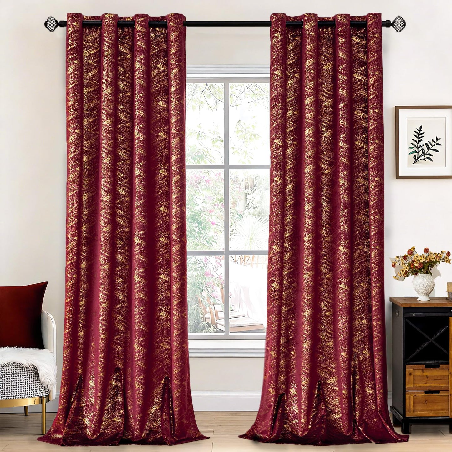 Luxury Burgundy Velvet Curtains for Living Room Bedroom Christmas Red and Gold Blackout Curtains 84 Inches 2 Panels Modern Gold Foil Print Noise Reducing Drapes Grommet Window Treatments, Burgundy