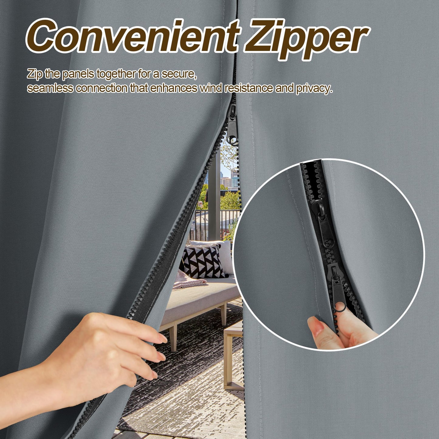 NICETOWN Gazebo Curtains for Outdoor Waterproof 2 Panels, W110 x L95 in, Zipper Patio Curtains Top Grommet & Bottom Back Tab with Rope, Windproof & Privacy Sun Blocking Shades for Porch Pergola, Grey