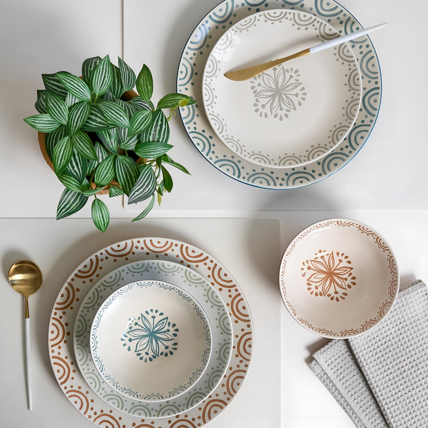 Sango 12-Piece Speckled Stoneware Dinnerware Set for 4- Glossy Plates and Bowls Set with Hand-Painted Floral Pattern, Rustic Ceramic Dish Set, Elegant Dishes for Everyday Dining, Siterra Glazed Garden