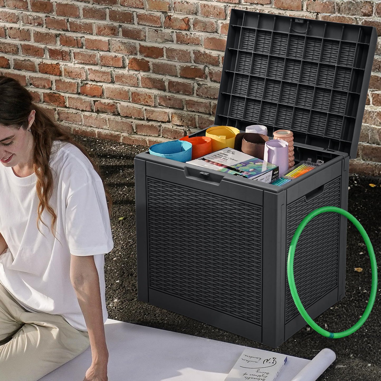 DWVO 32 Gallon Resin Storage Box, Indoor Outdoor Deck Box for Package Delivery, Patio Cushions, Gardening Tools, Lockable, Waterproof