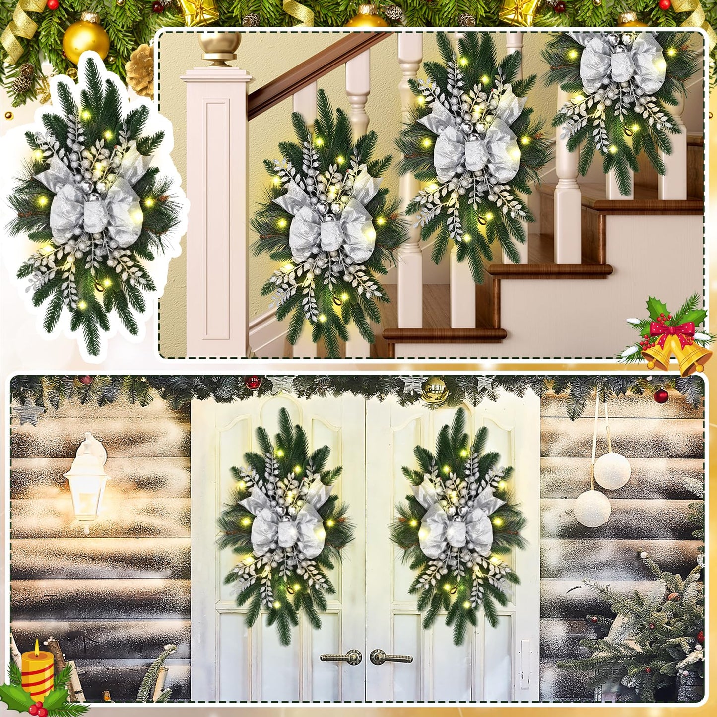Hiboom 3 Pack Artificial Christmas Teardrop Swags 24" Xmas Cordless Prelit Stairway Swag Christmas Garland Stairs Rails Decoration with LED Lights for Indoor Outdoor(Silver,Classic Style)