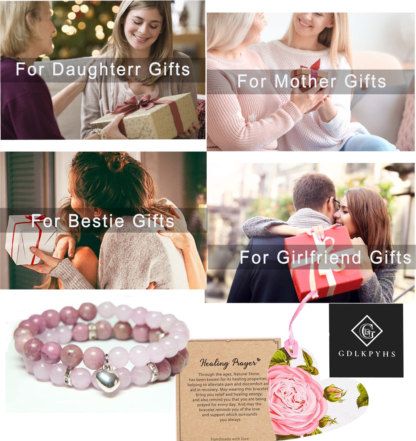 GDLKPYHS Healing Bracelets for Women - Rose Quartz & Rhodonite Bracelet - Healing Prayers Crystal Bracelet, 8mm Natural Stone Stress Relief Yoga Beads Get Well Soon Gifts