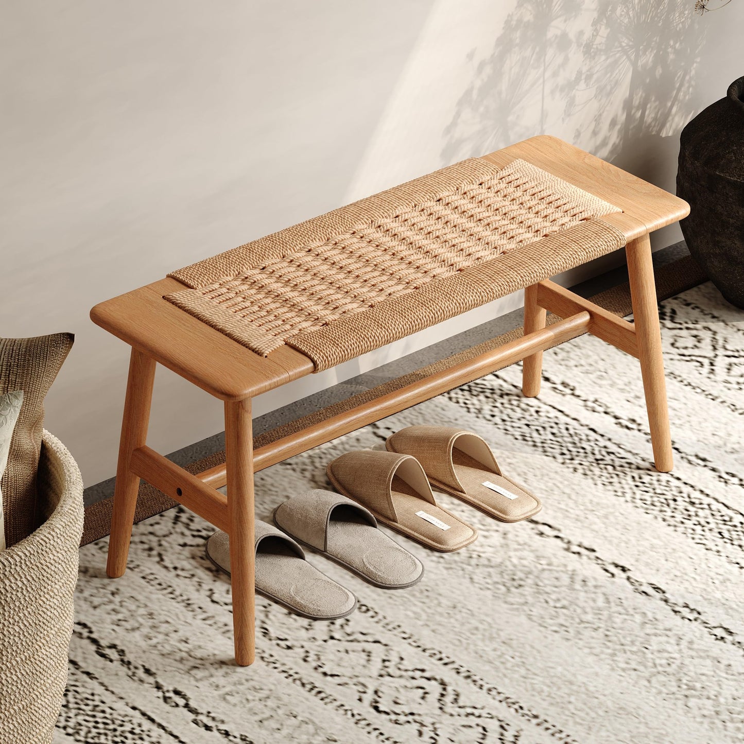 Vadisun 100% Solid Oak Wood Bench,Hand Woven Design,Solid Mortise and Tenon Construction-Solid Structure of Chair Legs,Woven Rattan Entryway Benchs/Dining Bench (Natural Oak,31.49”*11.81”*15.98”)