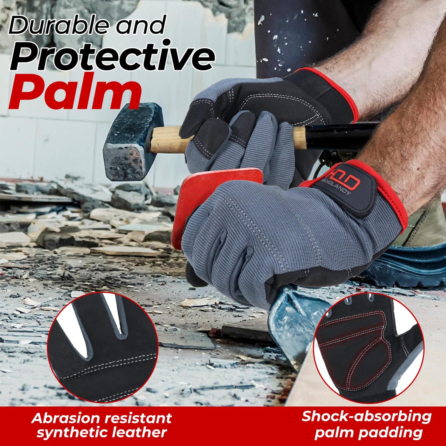 HANDLANDY Mens Work Gloves Touch screen, Synthetic Leather Utility Gloves, Flexible Breathable Fit- Padded Knuckles & Palm (Large)