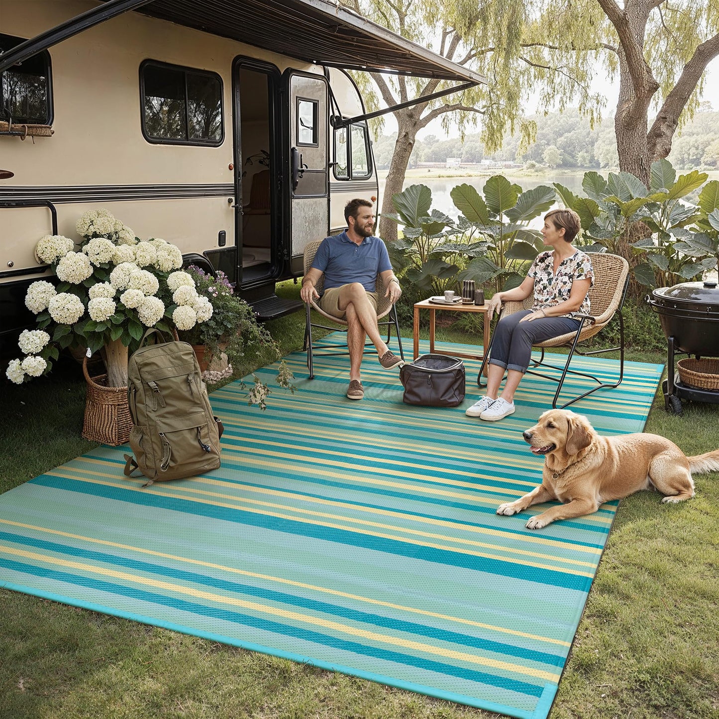 WondRg Outdoor Plastic Straw Rug Waterproof Patio 8x10 Teal Yellow Stripe Mat for Porch Camping RV Balcony Deck Courtyard Reversible Lightweight Durable Portable Carpet