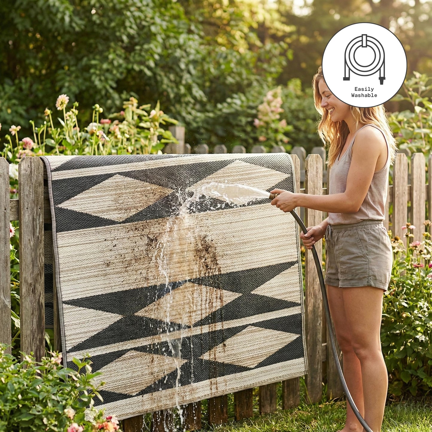 Fab Habitat Outdoor Rug - Waterproof, Fade Resistant, Crease-Free - Premium Recycled Plastic - Geo Tribal - Porch, Deck, Balcony, Mudroom, Laundry Room, Patio - Cairo - Natural & Black - 3 x 5 ft