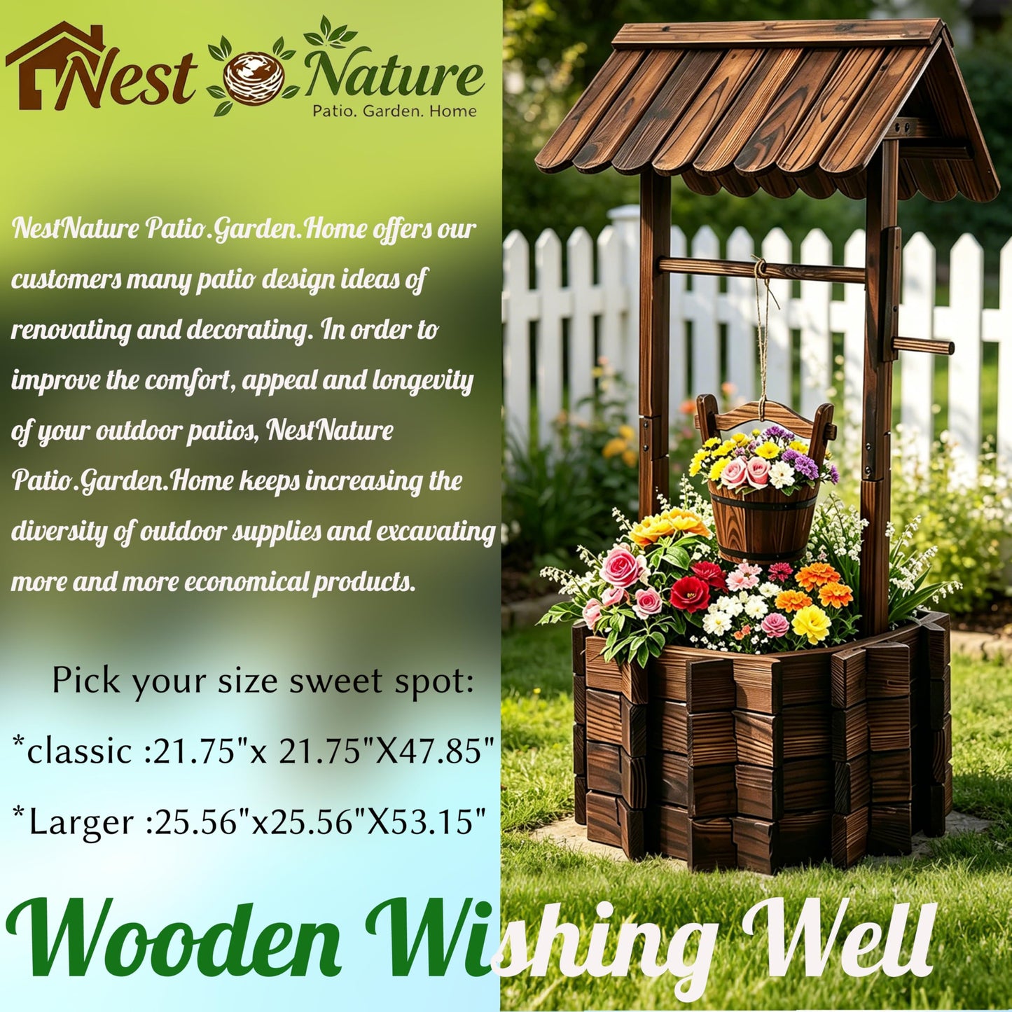 NestNature 21.75" Carbonized Wooden Wishing Well Planter for Outside, Rustic Outdoor Wishing Well with 4 Reinforced Rods & Hanging Bucket, Decorative Well Cover for Yard Garden Patio Lawn Backyard