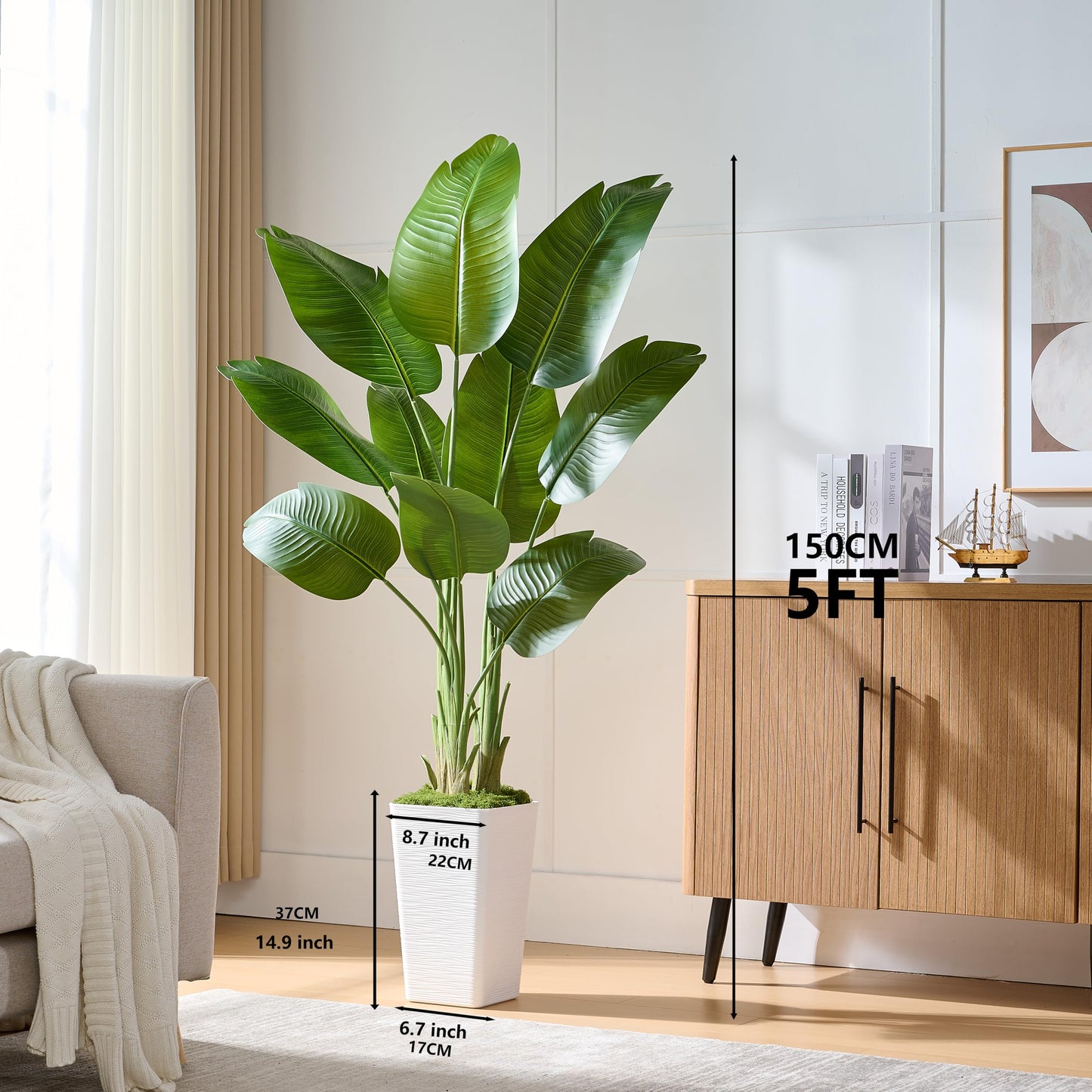 Bird of Paradise Artificial Plant, 5FT Faux Plants Indoor Banana Leaf Tree with 9 Leaves, Large Fake Tropical Potted Indoor Silk Floor Plant with White Tall Planter for House,Office,Room,Home Decor