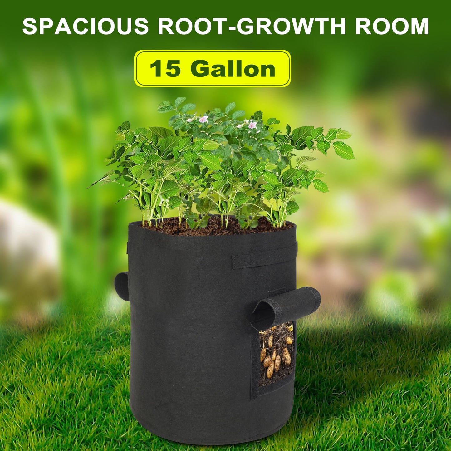 SORANGEUN 4-Pack 15-Gallon Grow Bags with 2 Flaps and Reinforced Handles,Non-Woven Potato Grow Bags, Heavy-Duty Thickened Aeration Fabric Pots for Potatoes, Tomatoes, Flowers, and Vegetables