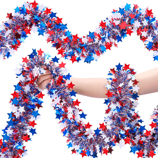 52.5Ft Patriotic Glitter Tinsel Garland Decoration, Red White Blue Star Metallic Tinsel Twist Garland, 4th of July Decor Parade Golf Cart Shiny Tinsels for Car Bike Independence Day Memorial Day Decor