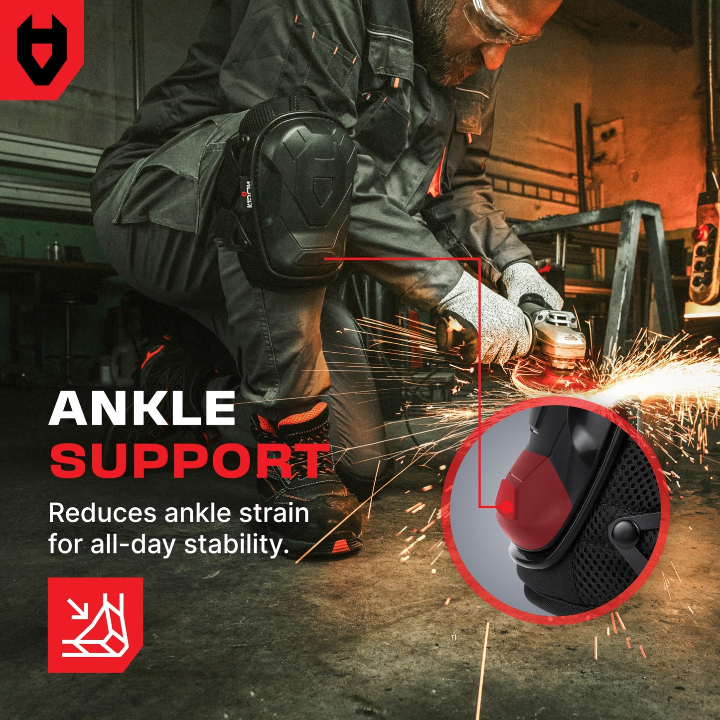 NoCry Professional Construction Knee Pads for Men and Women with Non-Slip Heavy Duty Cap and Ankle Support — Thick Foam and Gel Cushioning — Reinforced, Adjustable Straps and Military Grade Rivets