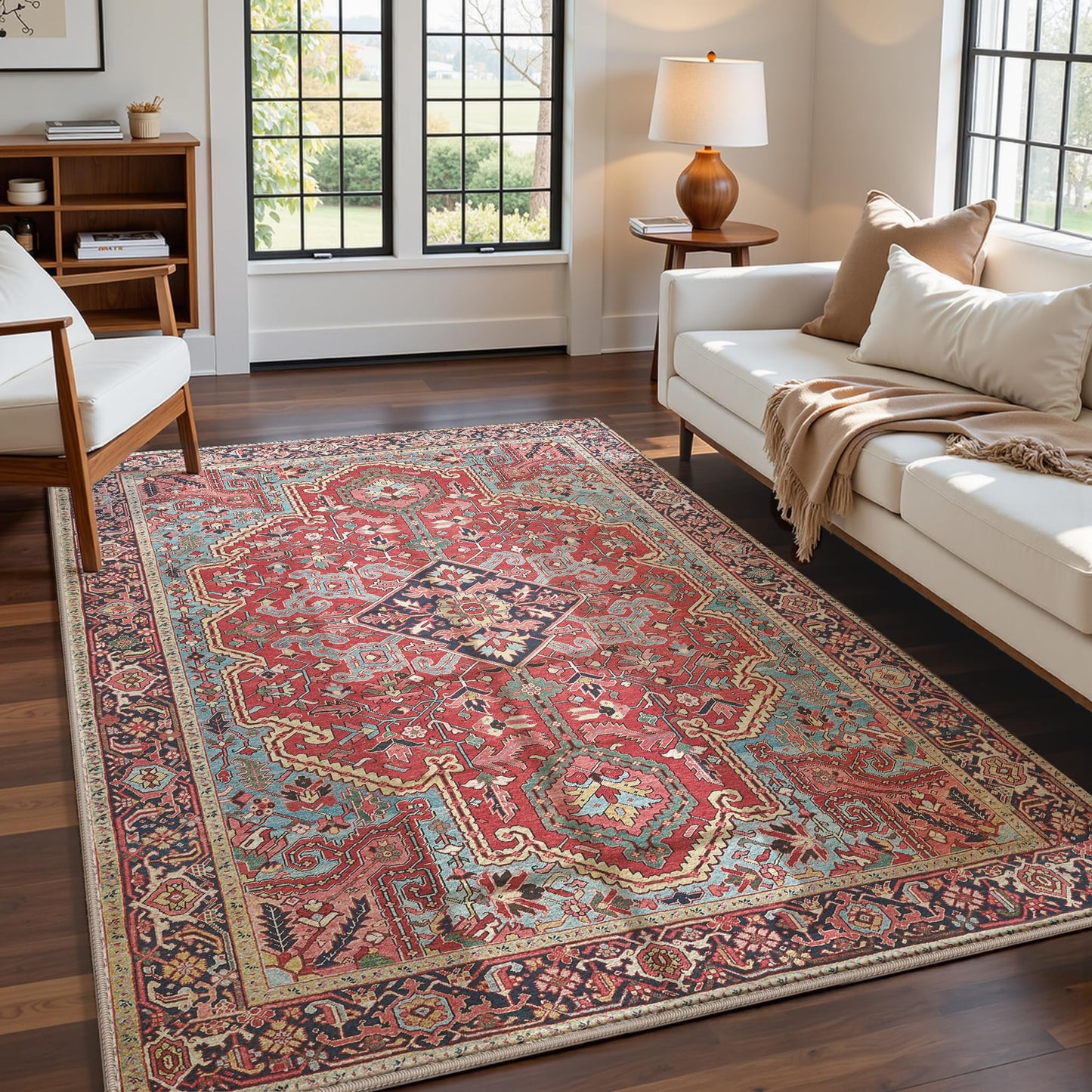 jxgzyy Soft Area Rug for Bedroom, 0.31'' Thick Red Persian Style Rug for High Traffic Area, Foyer Rugs for Entryway 5×7, Beautiful Lounge Rug with Cotton Backing, Low Pile Faux Wool Carpet for Study