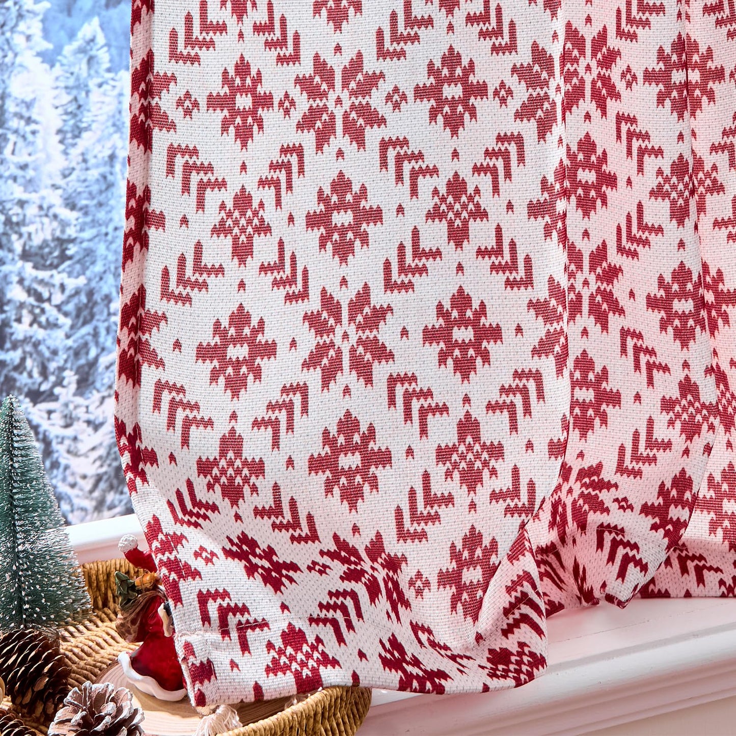jinchan Snowflake Plaid Christmas Curtains 36 Inch Length Cafe Curtain Red Faux Canvas Textured Knit-Look Tier Curtains Holiday Christmas Decorations for Living Room Small Windows Rod Pocket 2 Panels