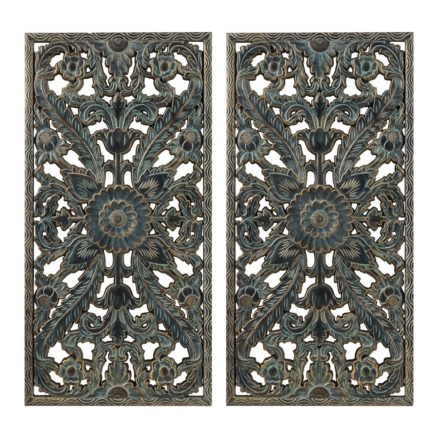 Madison Park Wall Art Living Room Décor - Floral Antiqued Wooden Carving Wall Decor Panel, Copper Embellished, Ready to Hang Wall Decor for Bedroom, 15.75"W x 31.5"L x 0.59"D, Patina Blue, 2 Piece