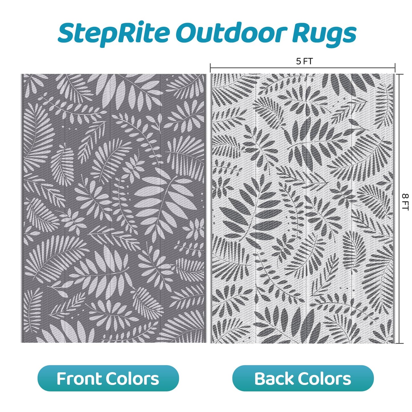 StepRite Outdoor Rug, Patio Rug, Plastic Straw Camping Rugs, Large Waterproof Area Rug and Mat for Outdoors, RV, Patio, Backyard, Deck, Porch, Beach, Balcony, (5'x 8', White&Gray)