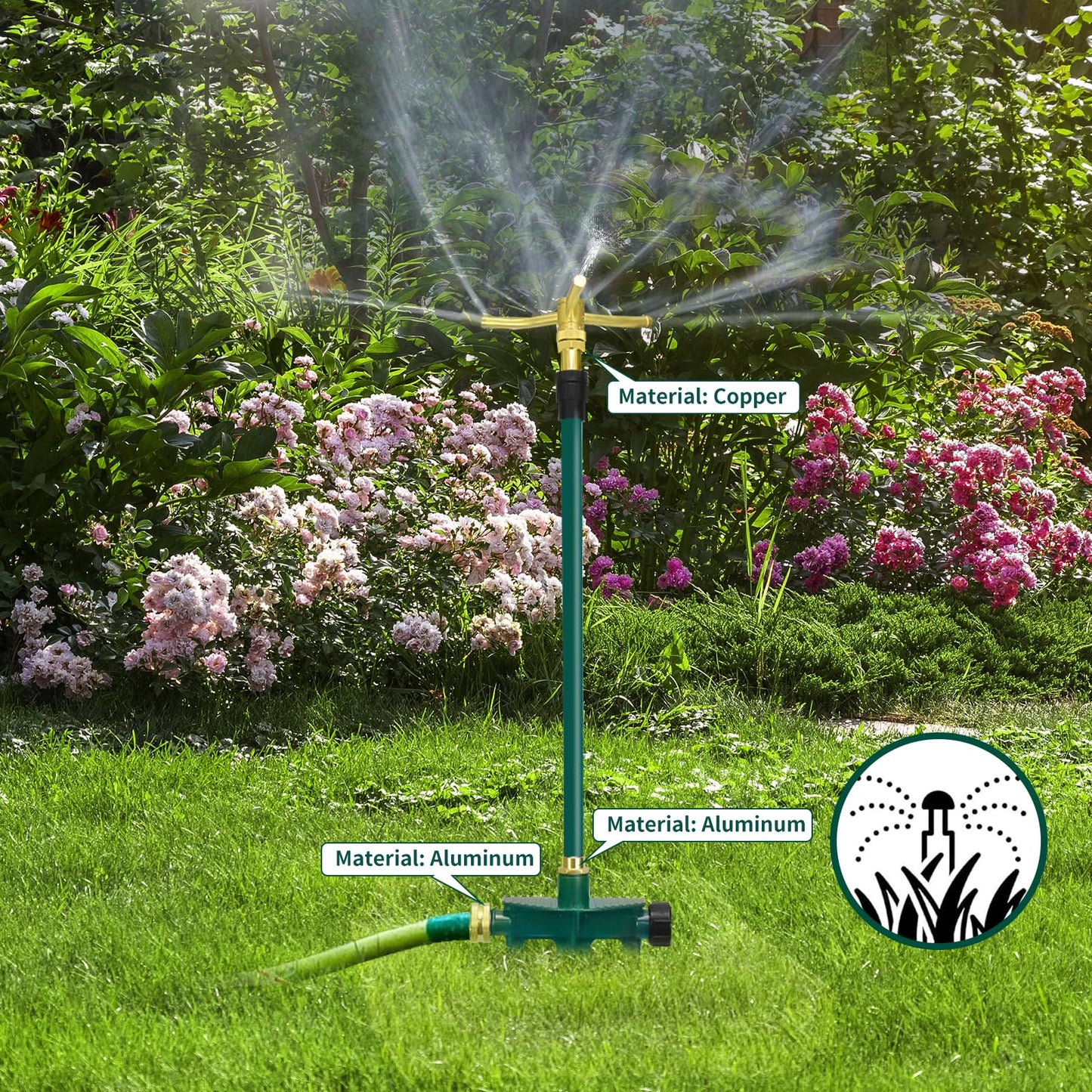 3-Arm 360° Rotating Garden Sprinkler, 2 Pack Telescoping Sprinkler with Spike, Brass Garden Lawn Water Sprinkler for Large Area up to 40 Inches