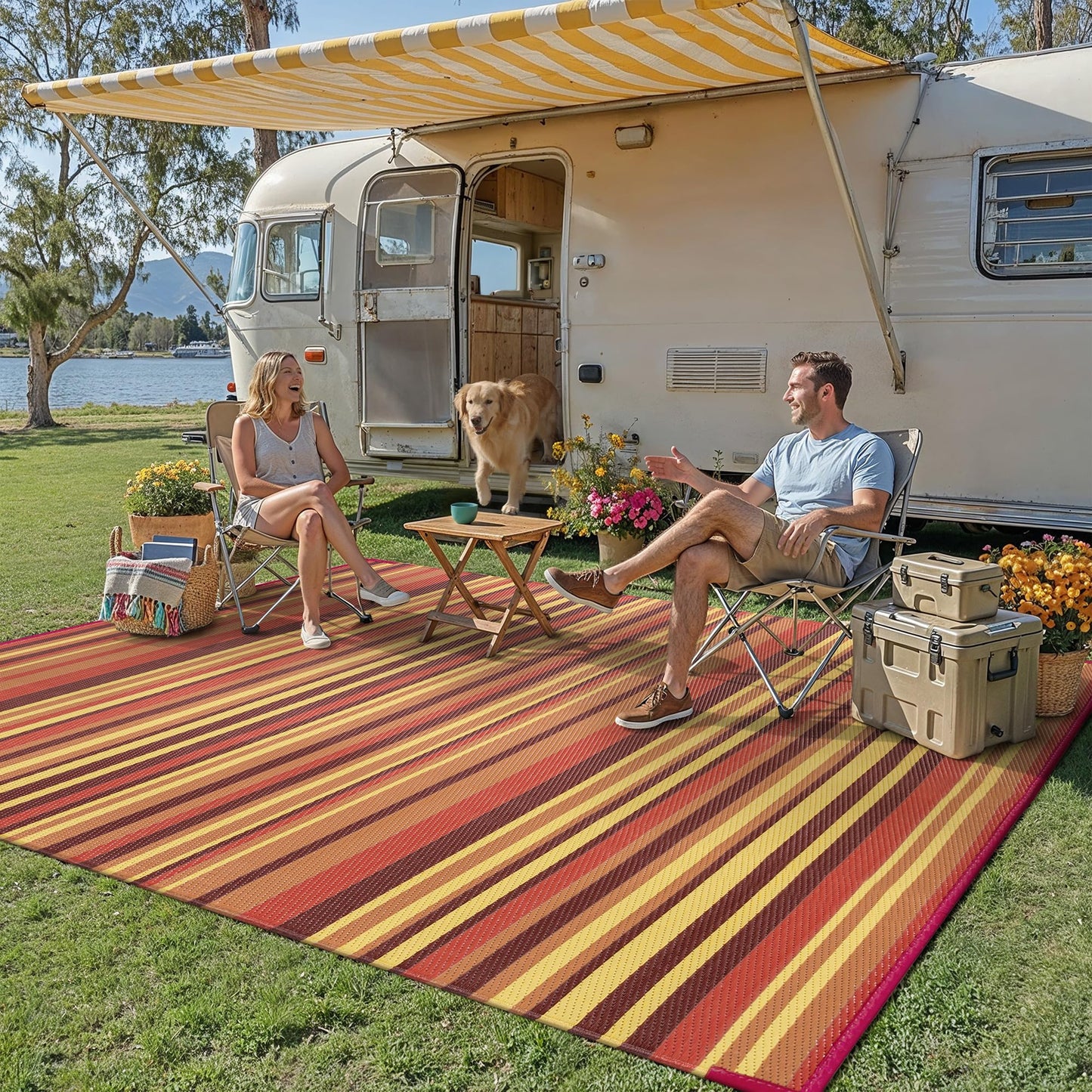 WondRg Outdoor Plastic Straw Rug Waterproof Patio 8x10 Red Orange Stripe Mat for Porch Camping RV Balcony Deck Courtyard Reversible Lightweight Durable Portable Carpet
