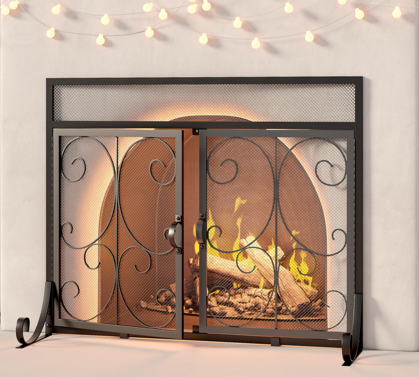 Calidola Large Flat Fireplace Screen with Doors, Wrought Iron Frame with Metal Mesh, Flat Panel Decorative Fireplace Screen with Scroll Design, Free Standing Spark Guard,Black