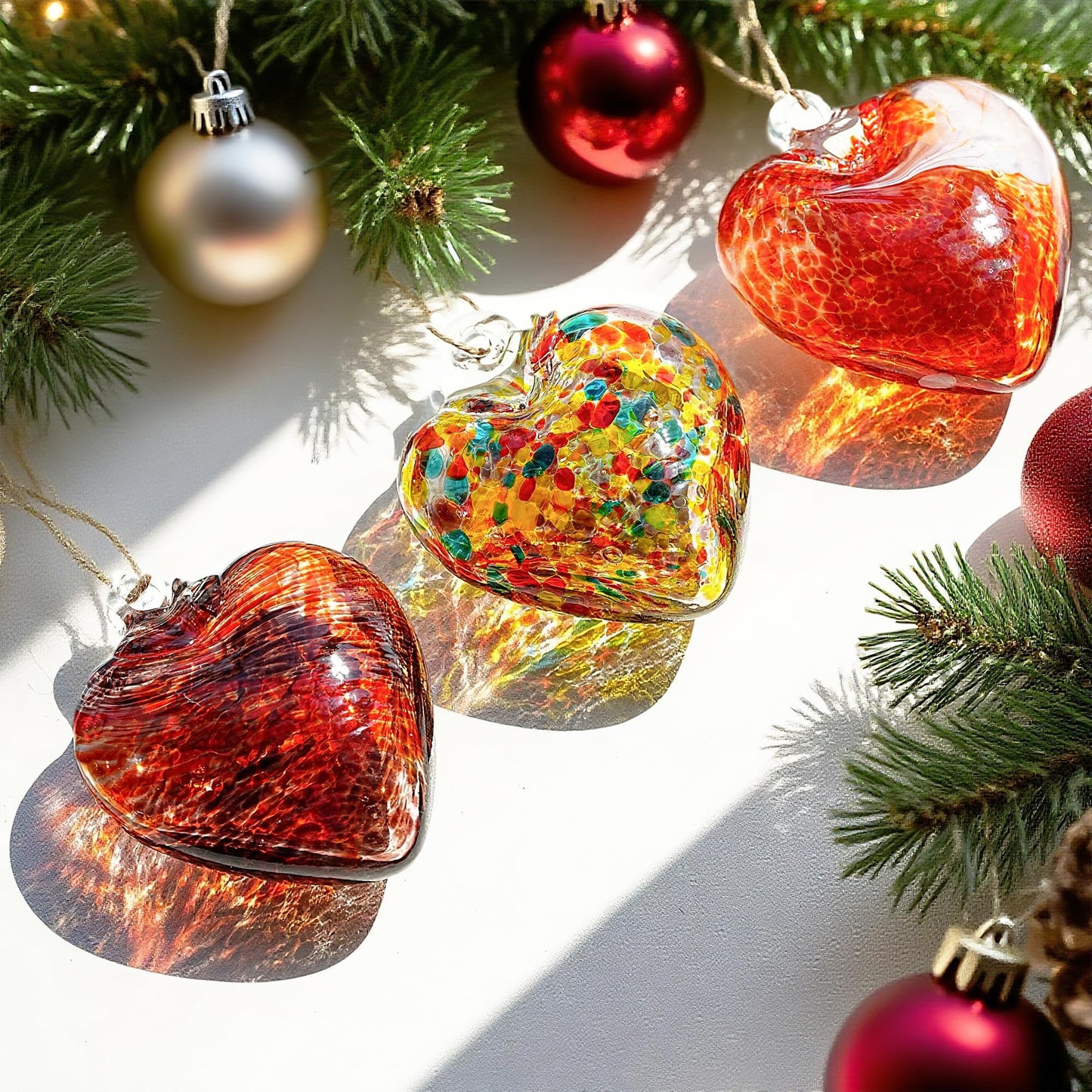 3Pcs Hand Blown Glass Heart Ornaments 3.5inch Hanging Crystal Heart Figurine for Home Garden Wedding Party Decor (Red)