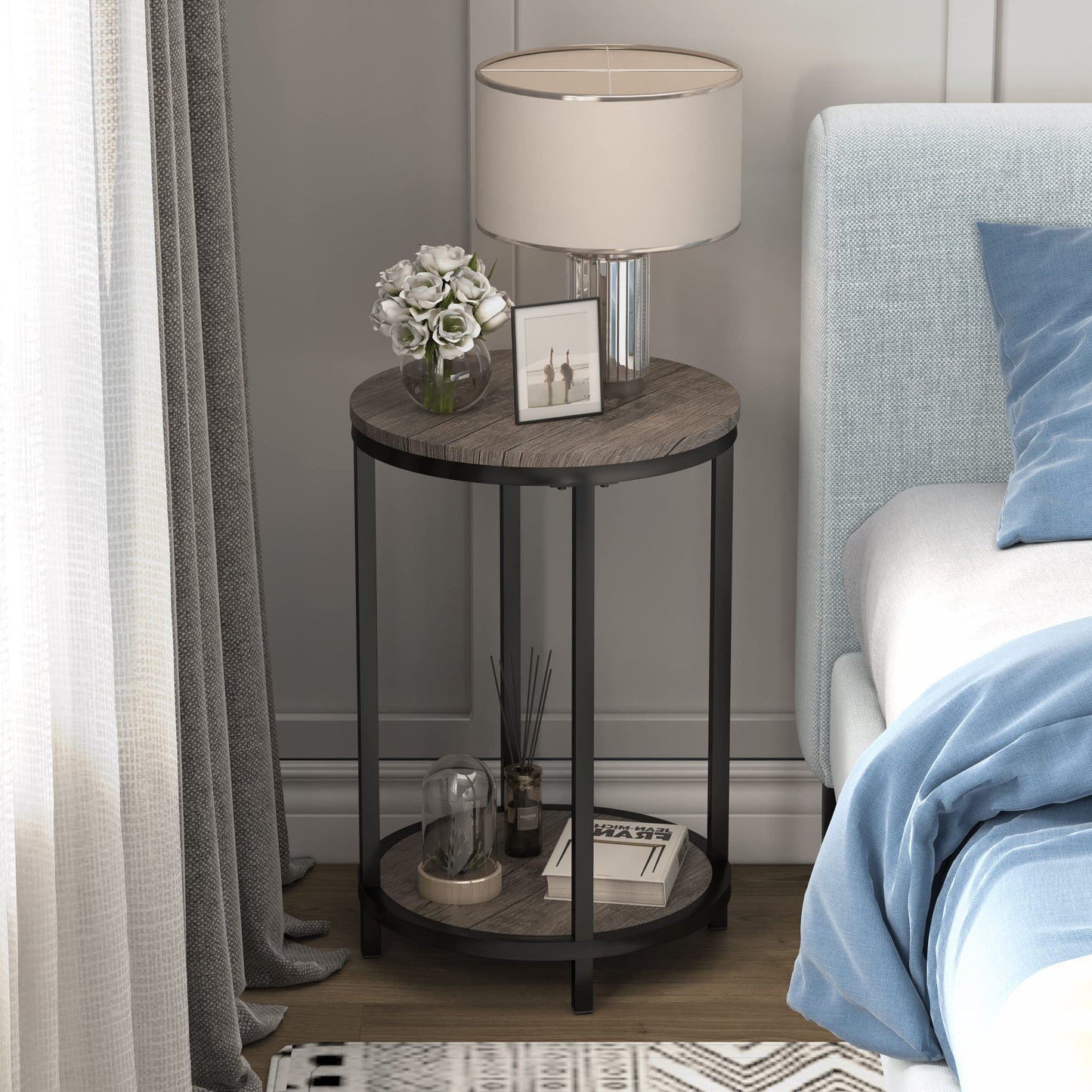 NSdirect Round Side Table,16in Rustic Wooden End Table Surface Top & Sturdy Metal Legs Nightstand for Living Room Bedroom Farmhouse Sofa Table with Storage Open Shelf,Light Walnut