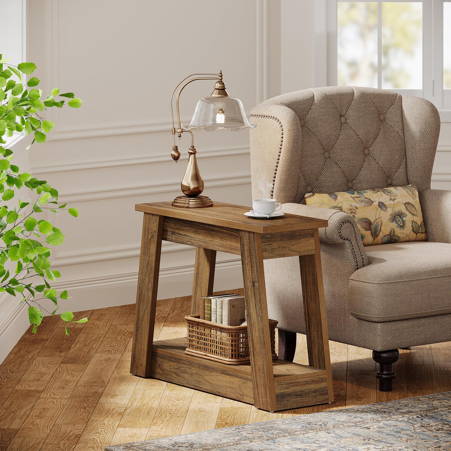 Tribesigns Wood End Table, Small Side Table with 2 Storage Shelves, Rustic Accent Narrow Nightstand for Living Room, Bedroom (1, Rustic Brown)