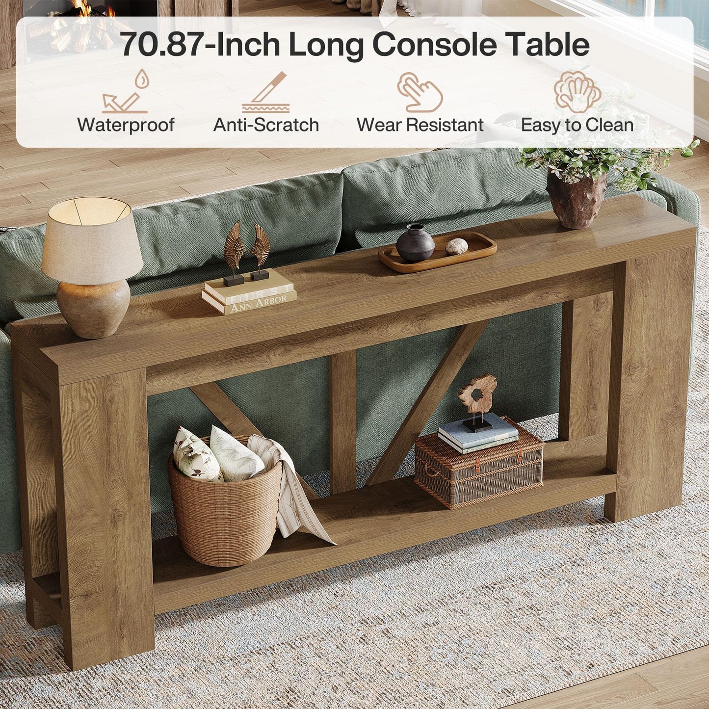 Tribesigns 70.9" Extra Long Entryway Table, Farmhouse Wood Console Tables with Storage Shelf, Modern Rustic Sofa Foyer Tables for Entryway, Behind Couch, Living Room, Entrance, Brown