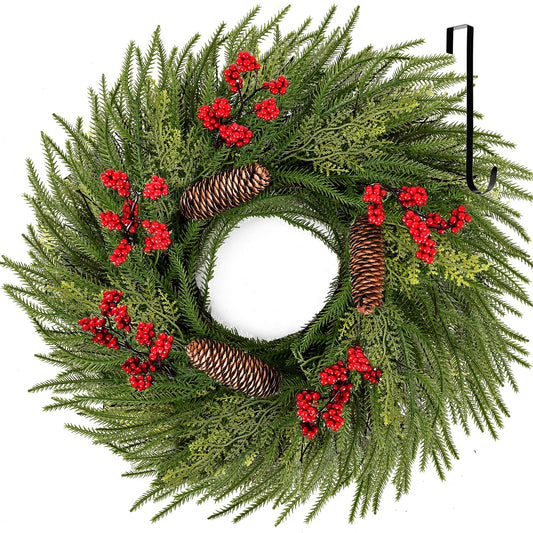 WellSign 24 Inch Artificial Christmas Wreaths for Front Door, Large Winter Green Pine Wreath with Red Berries and Hangers, Real Touch Door Wreath for Wall Window Fireplace Indoor Outdoor Home Decor