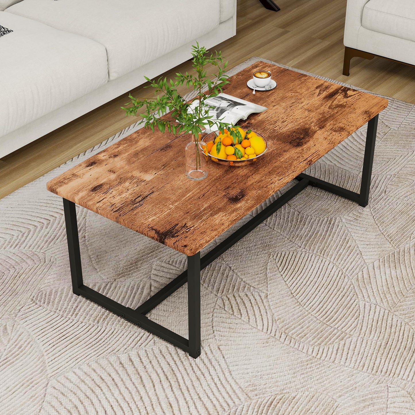 JUISSANO Coffee Table Rectangular Center Table for Living Room Open Space Side Table with Metal Frame, Easy Assembly, Black+ Rustic Brown Wood Coffee Table