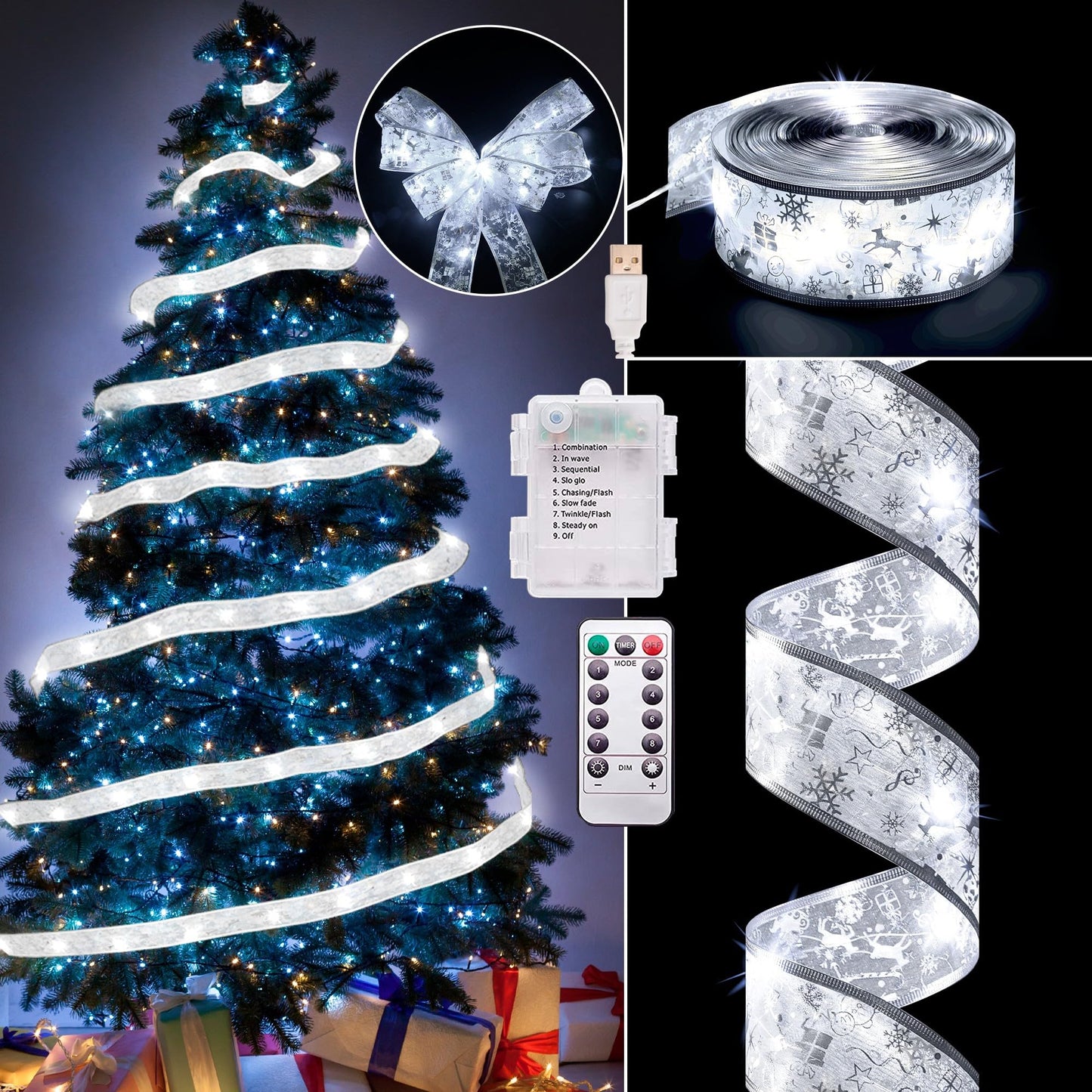 Vimorg Christmas Decorations, 2.5Inch x 33Ft 100 Led Christmas Tree Ribbon Lights with Remote Control, Battery Operated & USB Powered 8 Lighting Modes Fairy String Lights with Timer for Xmas Decor