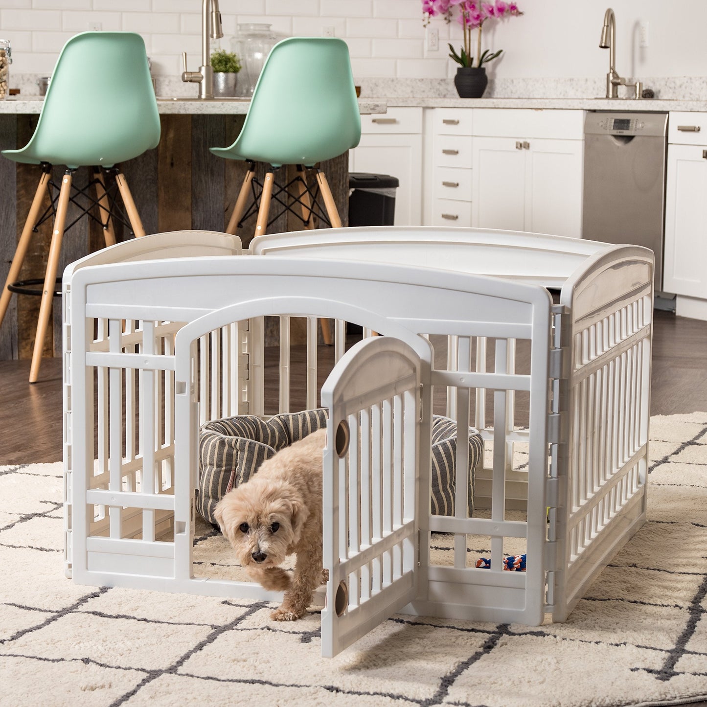 IRIS USA Dog Playpen with Door, 24” 4 Panel Pet Exercise Pen – Indoor Outdoor Puppy Play Pen, Portable Plastic Pet Fence for Small Medium Dogs, Foldable 35” x 35” x 24”, White