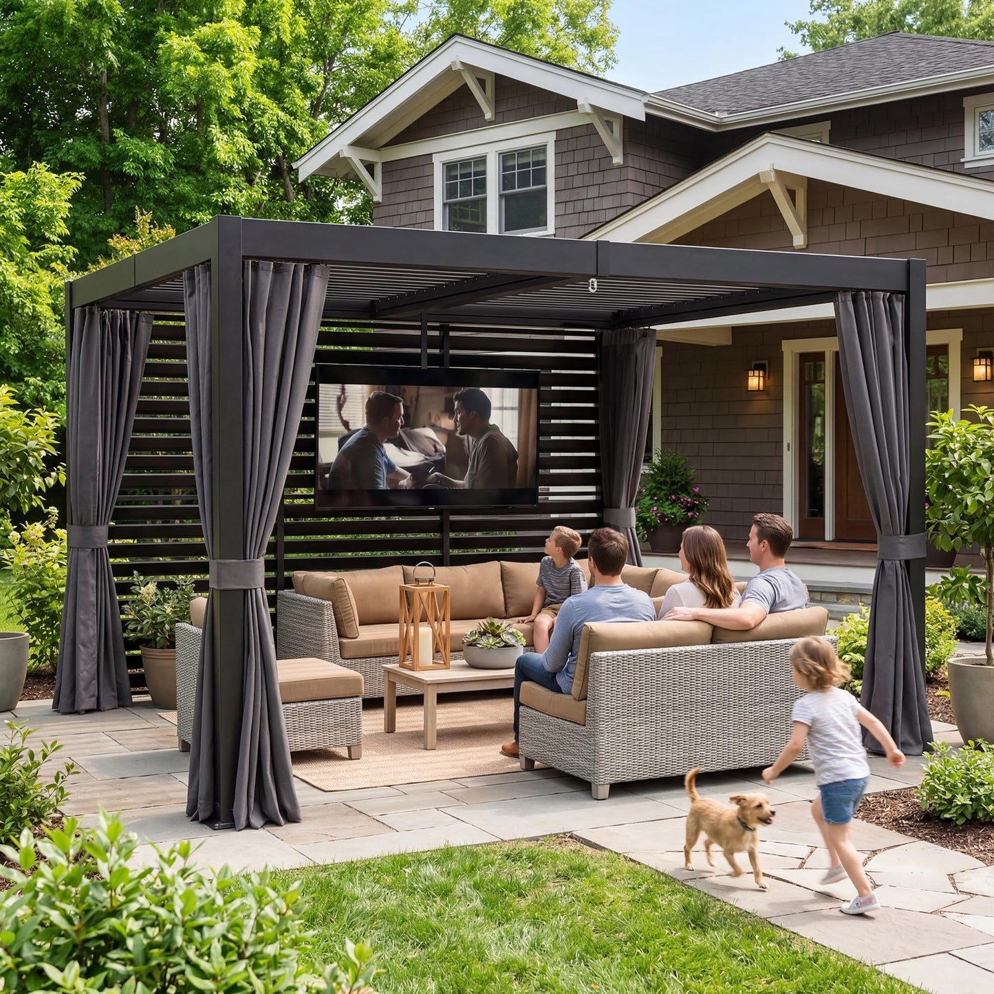 COSIEST 10' x 12' Louvered Pergola with TV Mount, Outdoor Aluminum Pergola with Adjustable Roof, 4 Posts Drainage System, Privacy Curtains & Rainproof Gazebo for Patio, Deck, Backyard, Garden