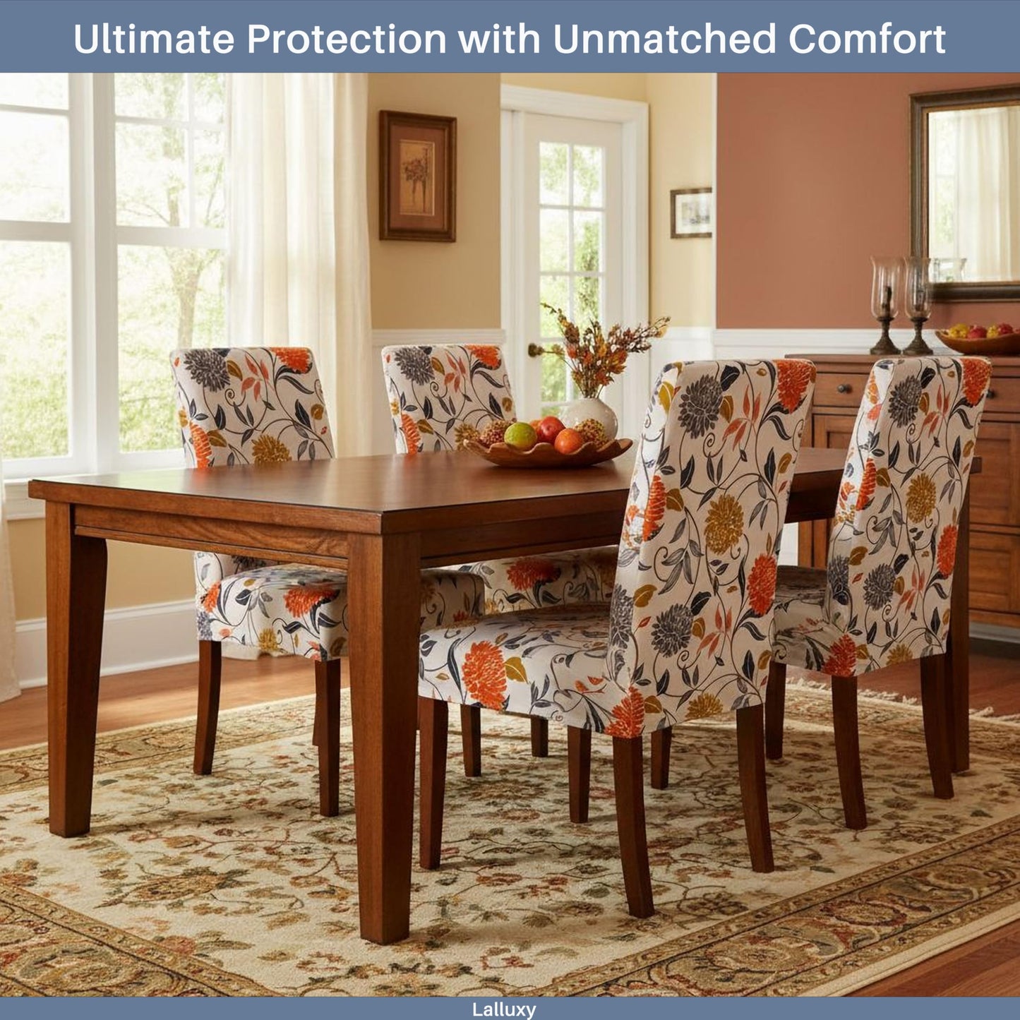 Lalluxy Chair Covers for Dining Chairs Set of 4, Stretchy Soft Parson Chair Covers Removable Washable Kitchen Dining Room Chair Slipcovers with Elastic for Universal Fit (Orange Flowers)