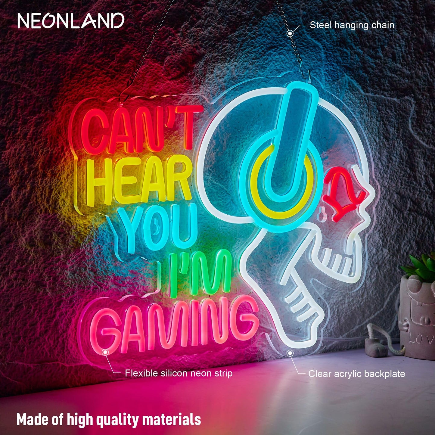 Gaming Neon Sign Can't Hear You I'm Gaming Skull Gamer LED Light Bright USB Powered Light up Game Signs with dimmer for Game Zone Video Room Boy Bedroom Wall Decor Compatible with Timer