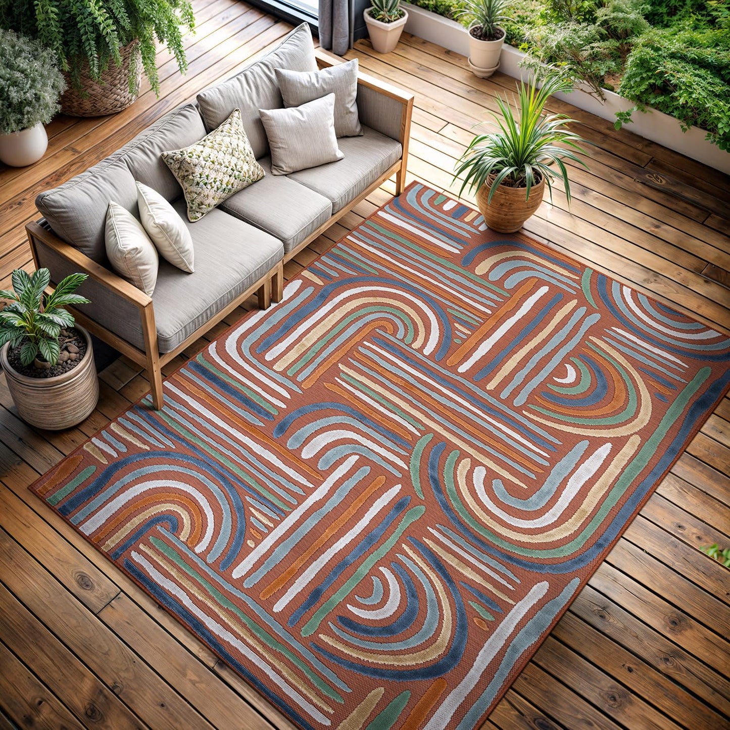 CAMILSON Indoor Outdoor Rug, Orange 8x10 Geometric Arch Striped Area Rugs for Patio and Home Areas, Easy-Cleaning Non-Shedding Living Room, Garden and Deck Washable Outside Carpet (8 x 10)