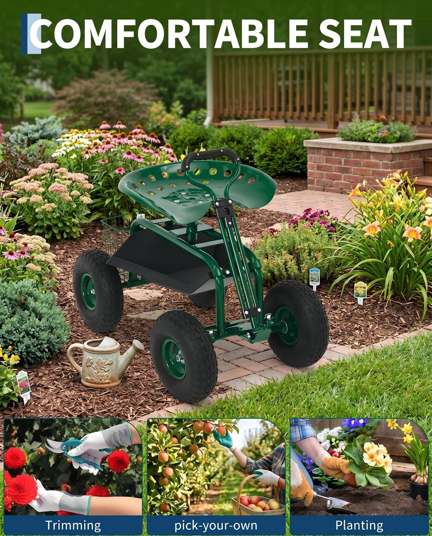 Heavy Duty Garden Cart, Garden Scooter Rolling Work Seat, 360° Swivel with 10-Inch All-Terrain Inflatable Tires, Extendable Steering Handle & Metal Tool Tray for Planting, Weeding, Yard Work