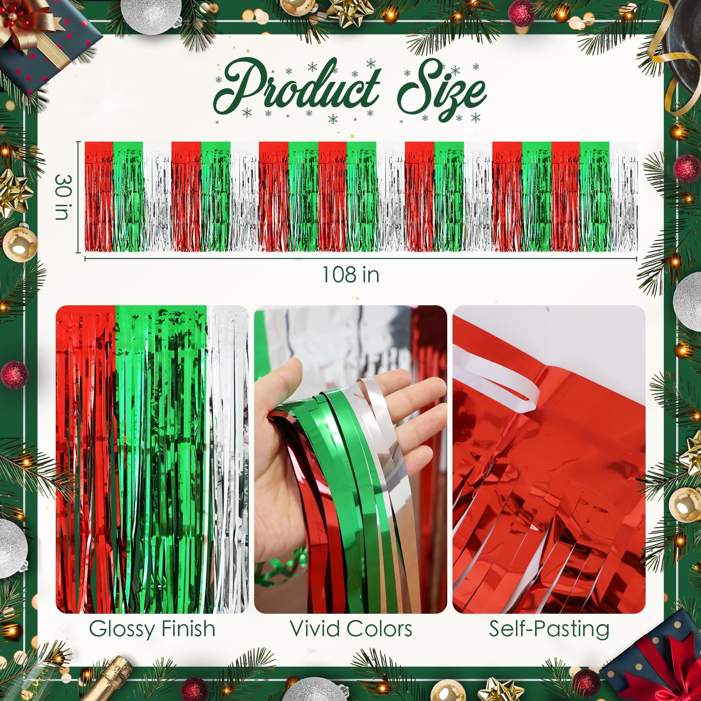 2 Pack Christmas Table Skirts, 29x108" Red & Silver & Green Metallic Foil Tinsel Fringe Table Skirts for Rectangle Tables Streamer Curtain Backdrop, Party Decoration for Xmas Birthday Wedding Holiday