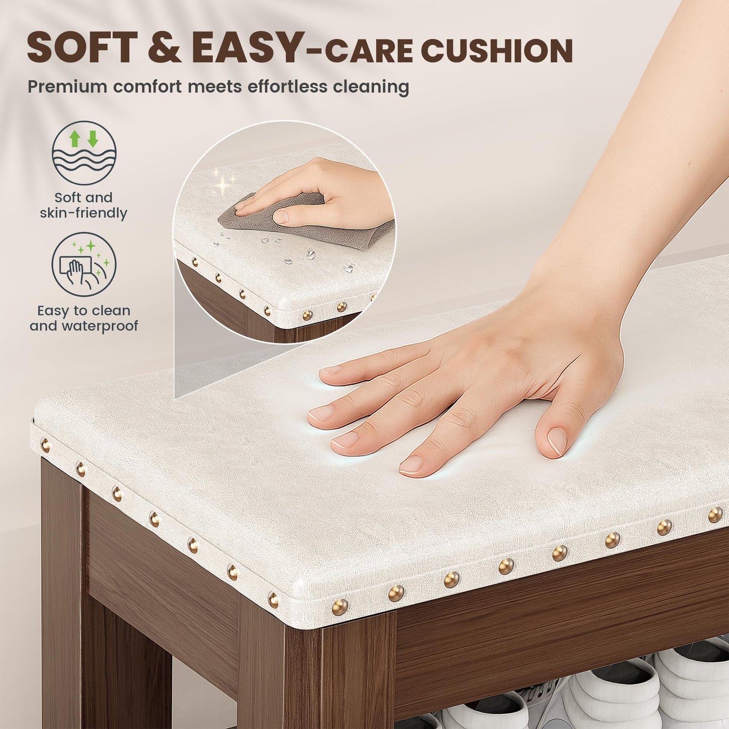 Shoe Bench for Entryway, Solid Rubberwood Shoe Bench with Hidden Storage, Adjustable 2-Tier Shelves & Soft PU Leather Seat, Shoe Rack Durable Easy Assembly for Hallway or Bedroom - Beige, 39.4"