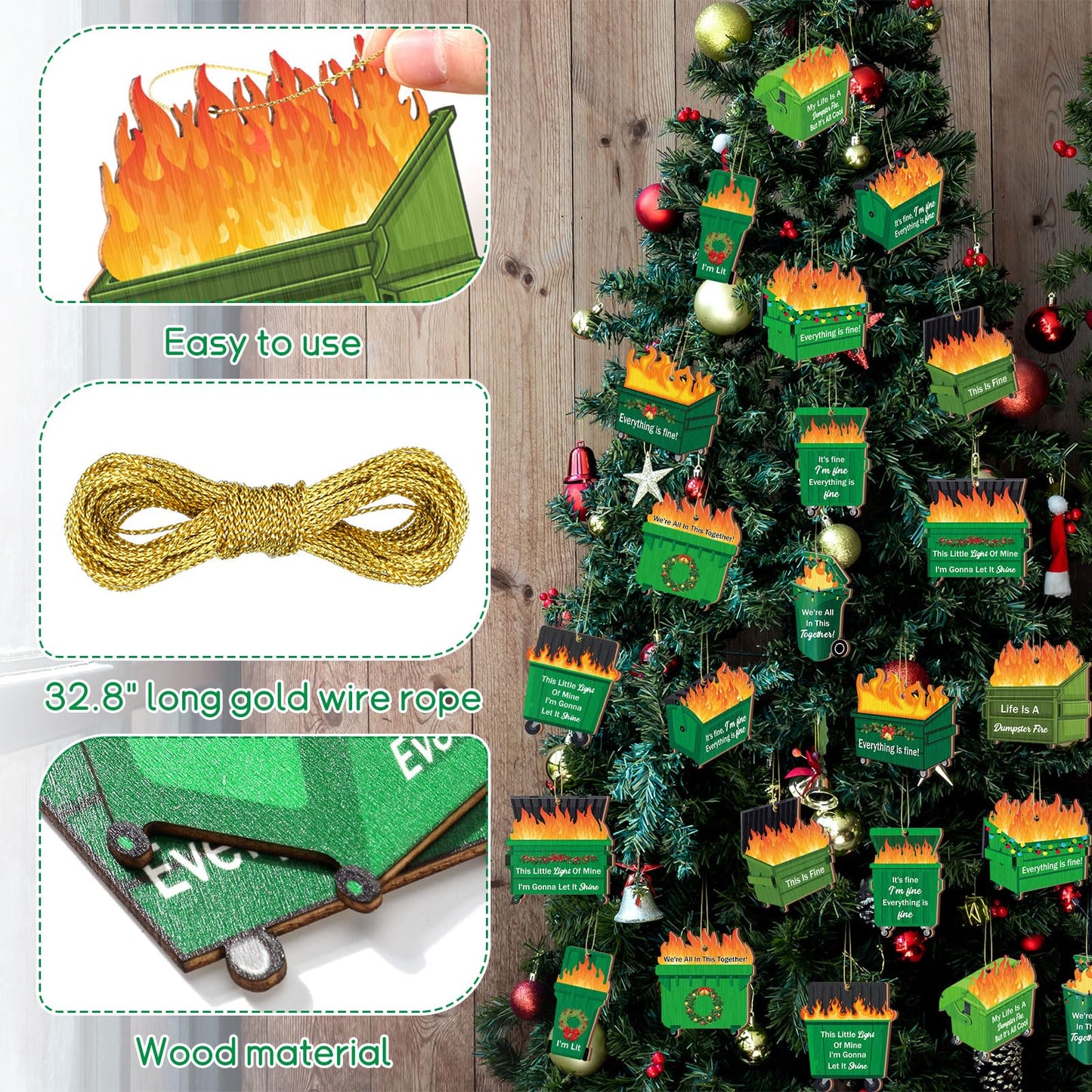 Vercraft 36 Pcs Dumpster Flame Christmas Ornaments 2026 Its Fine Im Fine Everything is Fines Funny Wooden Christmas Hanging Ornaments for Xmas Tree Holiday Decorations