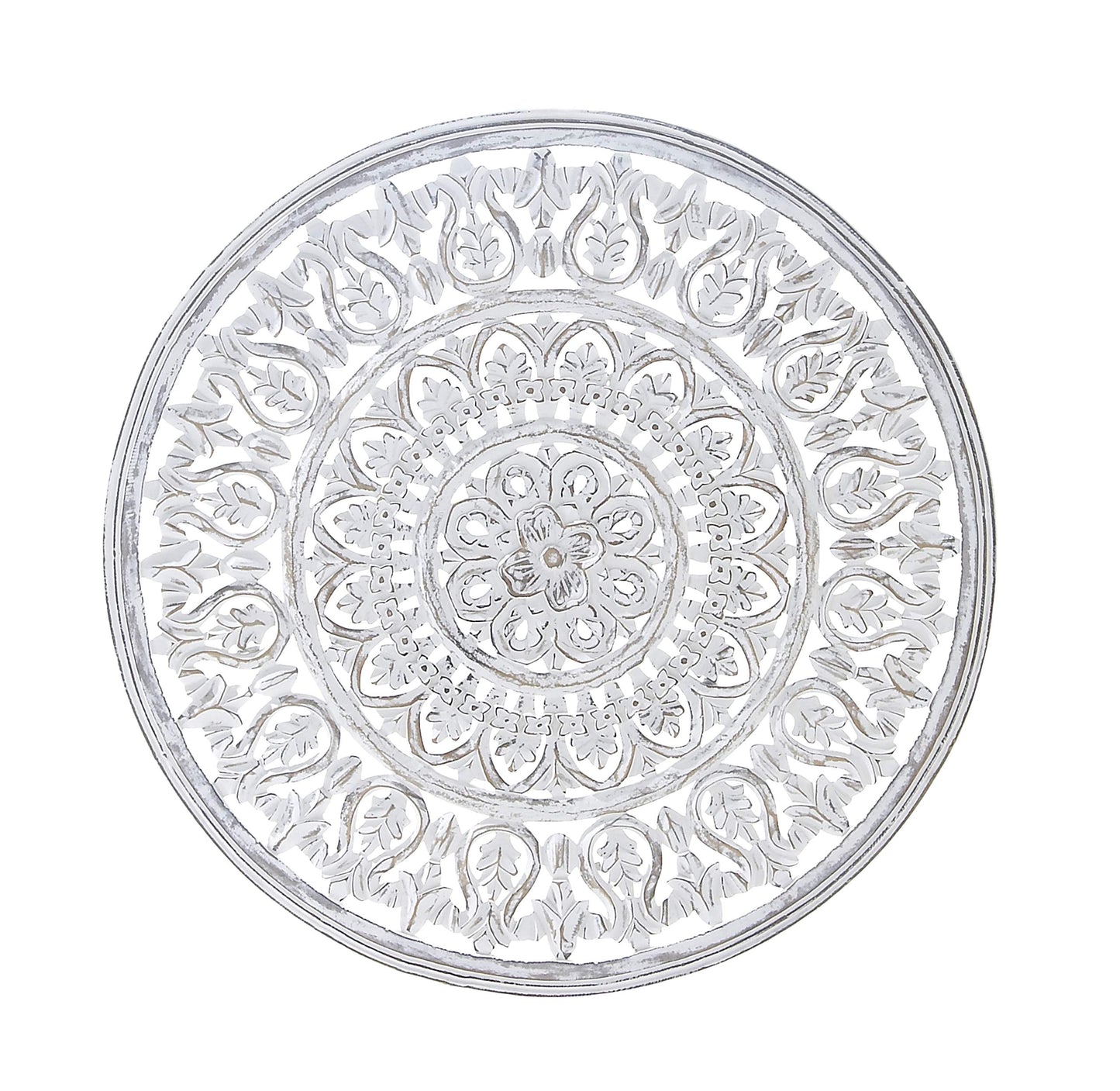 Deco 79 Wood Floral Handmade Intricately Carved Round Mandala Wall Decor, 36" x 1" x 36", White