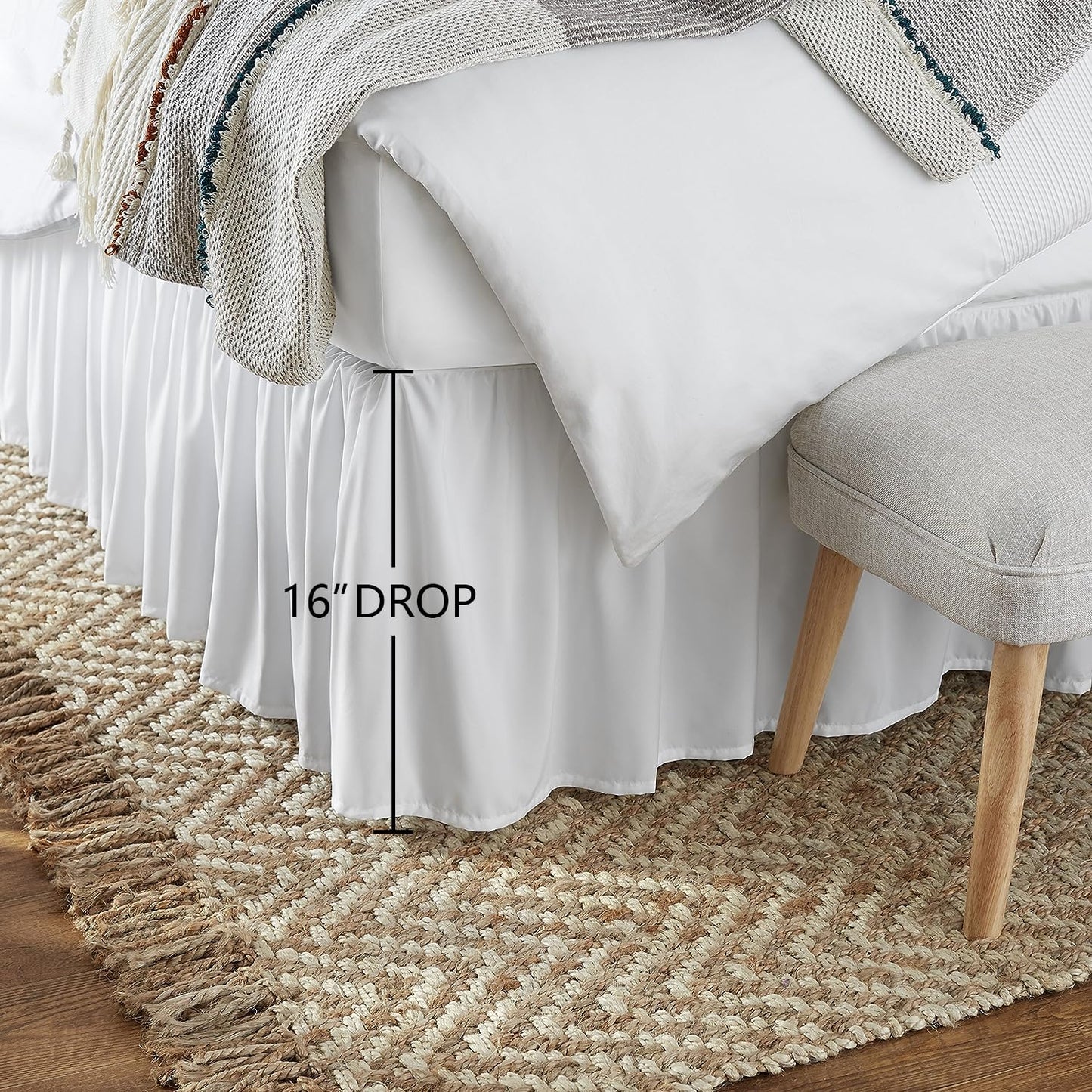 Amazon Basics Lightweight Ruffled Bed Skirt, Classic Style, Soft and Stylish 100% Microfiber with 16" Drop, Wrinkle Resistant, Machine Washable, Queen, Bright White, Solid
