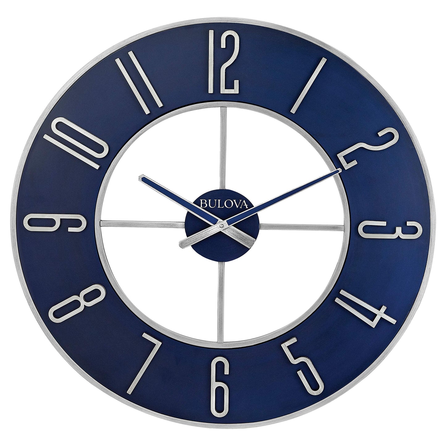 Bulova Blue Steel Oversize Wall Clock |Model C4809, 27" Diameter | Sleek Silver and Blue Finish | Contemporary Design | Battery Operated