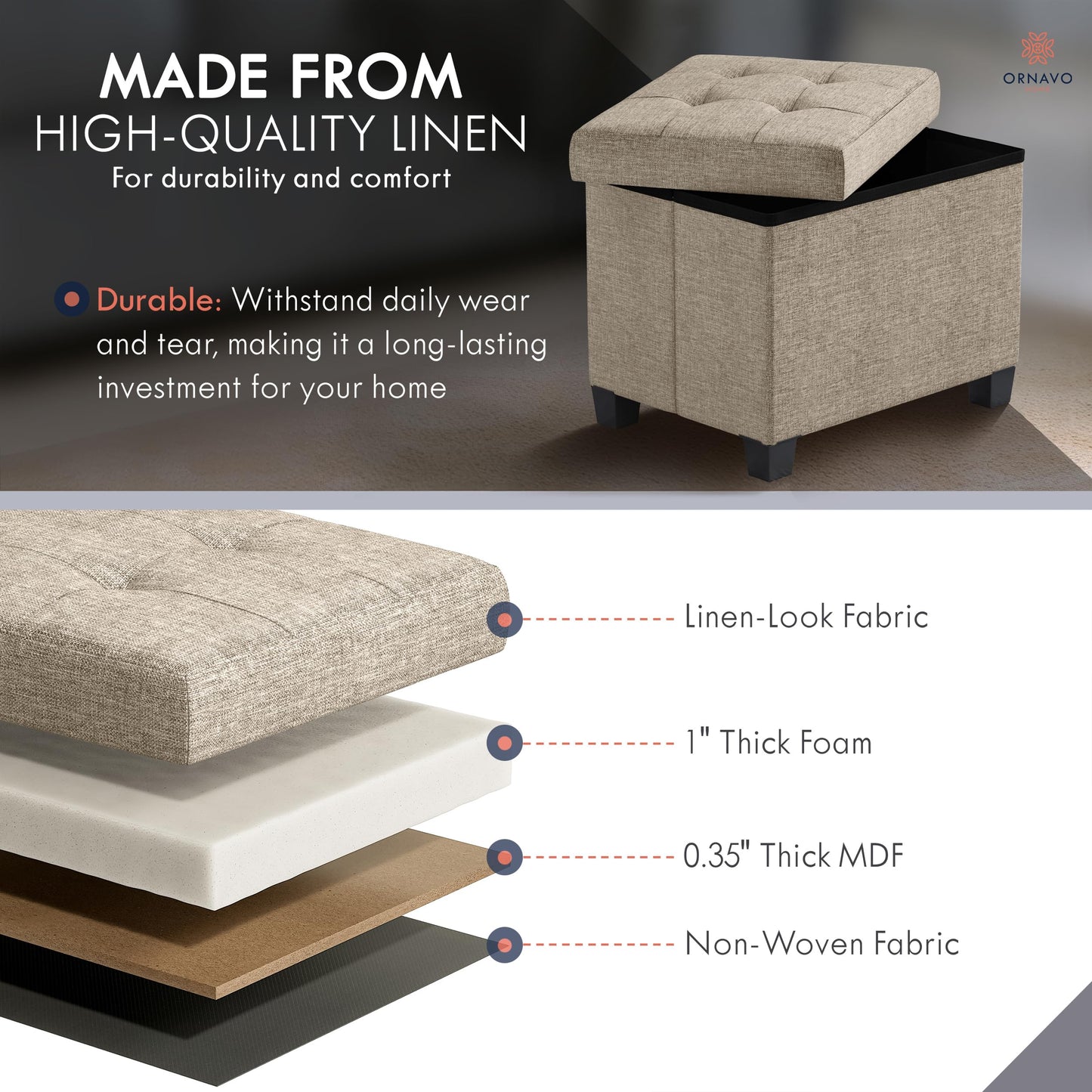 Ornavo Home Storage Ottoman Small Rectangle Ottoman with Legs, Foot Rest Stool Seat, Load up to 600 LB, for Living Room, Bedroom, Home Office, Dorm - 12 x 16 x 12, Tan