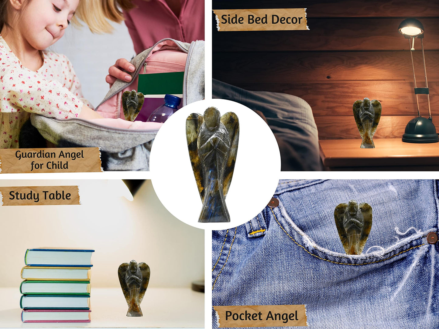 Amazing Gemstone Labradorite Crystal Guardian Angel Figurines Ornament for Healing Birthstone, Decoration Statue (Hand Carved Pocket Gemstone Angel) (3 inch)