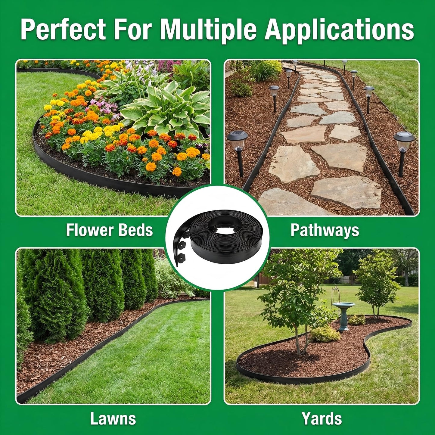 BABL LIFE Landscape Edging Kit, 40 FT x 2 Inch, No Dig Garden Edging Border, Flexible Black Lawn Edging with 80 Spiral Spikes and 2 Connectors for Flower Beds, Paths, Yard