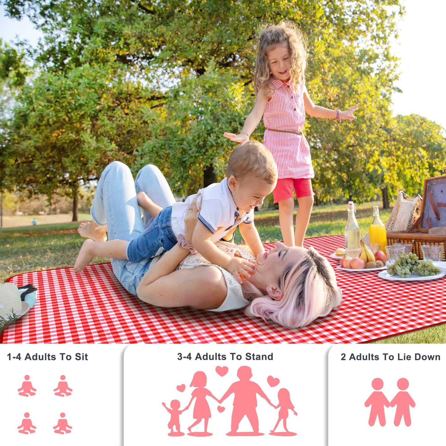 SAMSIER Outdoor Picnic Blankets Waterproof Foldable Sandproof, Large Gingham Cute Picnic Mat Washable Portable for Park Beach Camping Courtyard (Red, 60"×80")