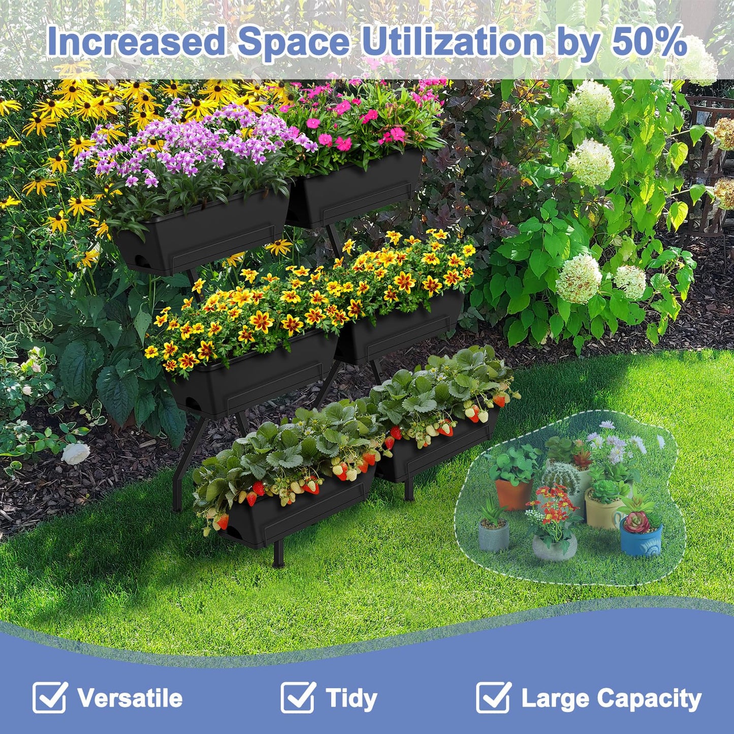 Raised Garden Beds Outdoor with 6 Garden Planter Boxes Freestanding Vertical Raised Bed for Gardening with Legs, Elevated Herb Garden Planter with Water Drainage for Patio, Balcony, Backyard, Black