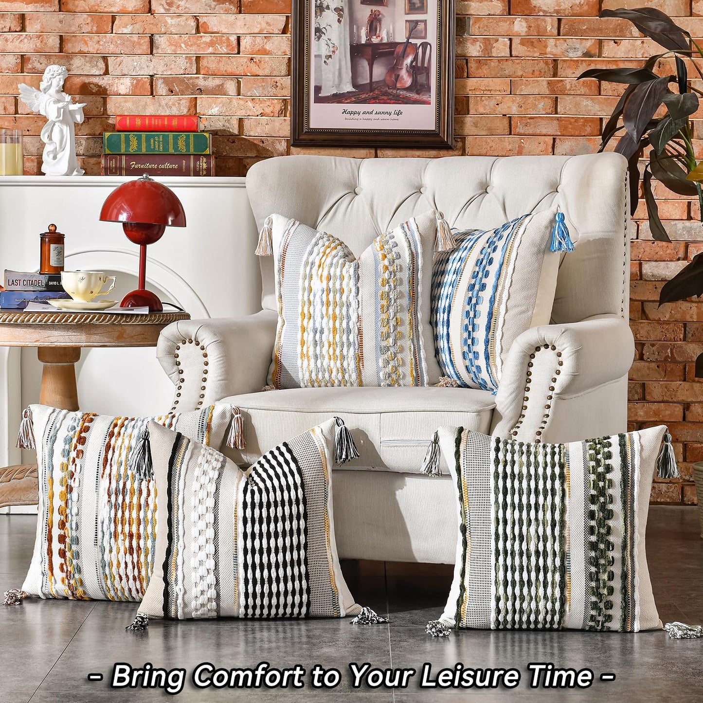 AmHoo Set of 2 Chenille Striped Textured Boho Throw Pillow Covers Aesthetic with Tassels Woven Decorative Pillow Case for Couch Bed Sofa Bedroom Modern Funky 18 x 18-Inch Grey