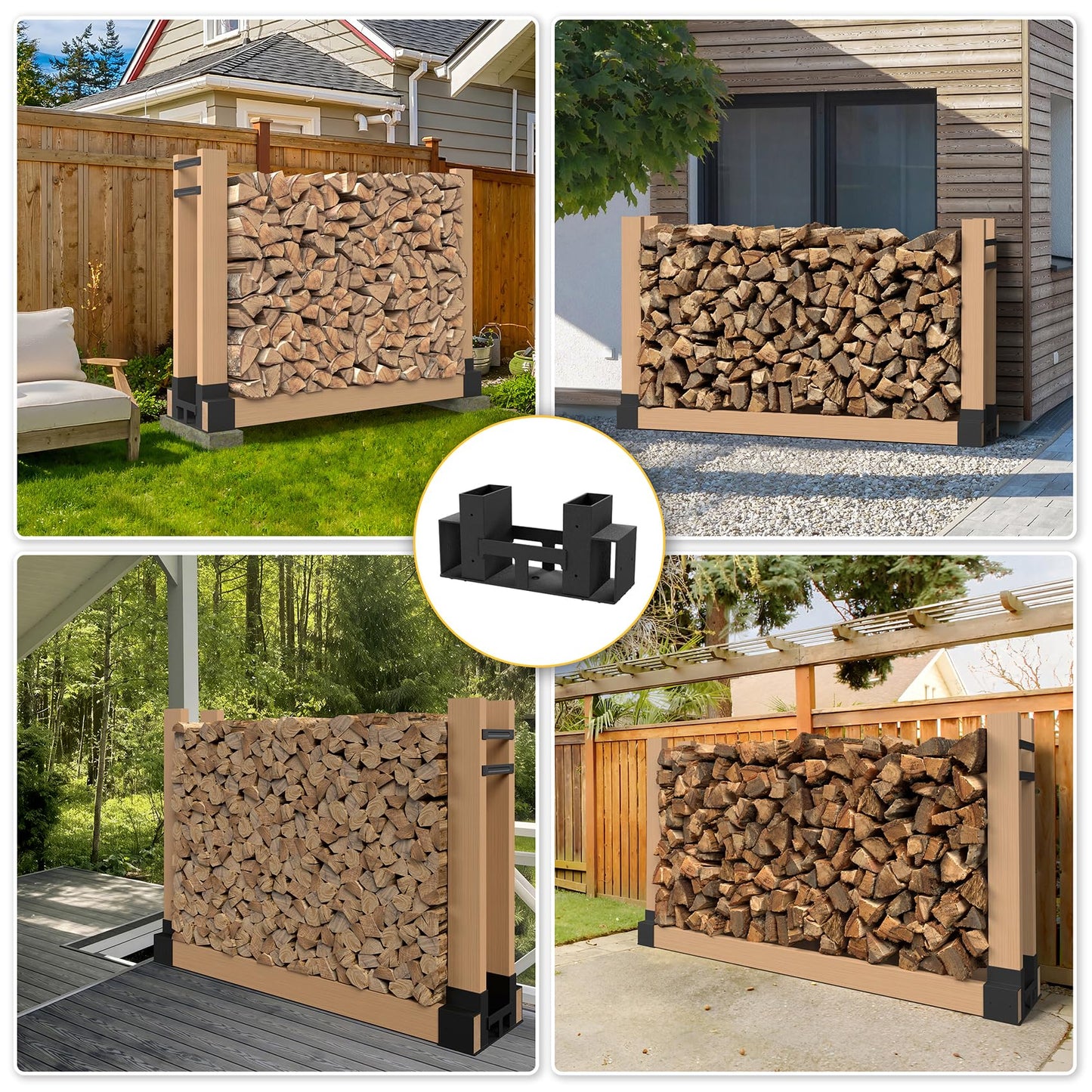 Jusgym Firewood Rack Outdoor Indoor, Heavy-Duty Plastic Firewood Rack Brackets Kit with 4 Support Bars, 3.5mm Thick Adjustable Fire Wood Storage Racks with Drainage Holes, Set of 2