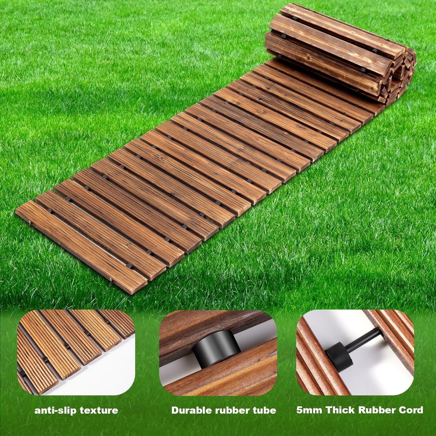 LINSHRY 8FT Wooden Garden Pathway, Outdoor Roll Out Decorative Garden Walkway, Weather-Resistant Non-Slip Hardwood Pathway for Garden, Backyard, Beach, Wedding Party Pathways(Dark Brown)